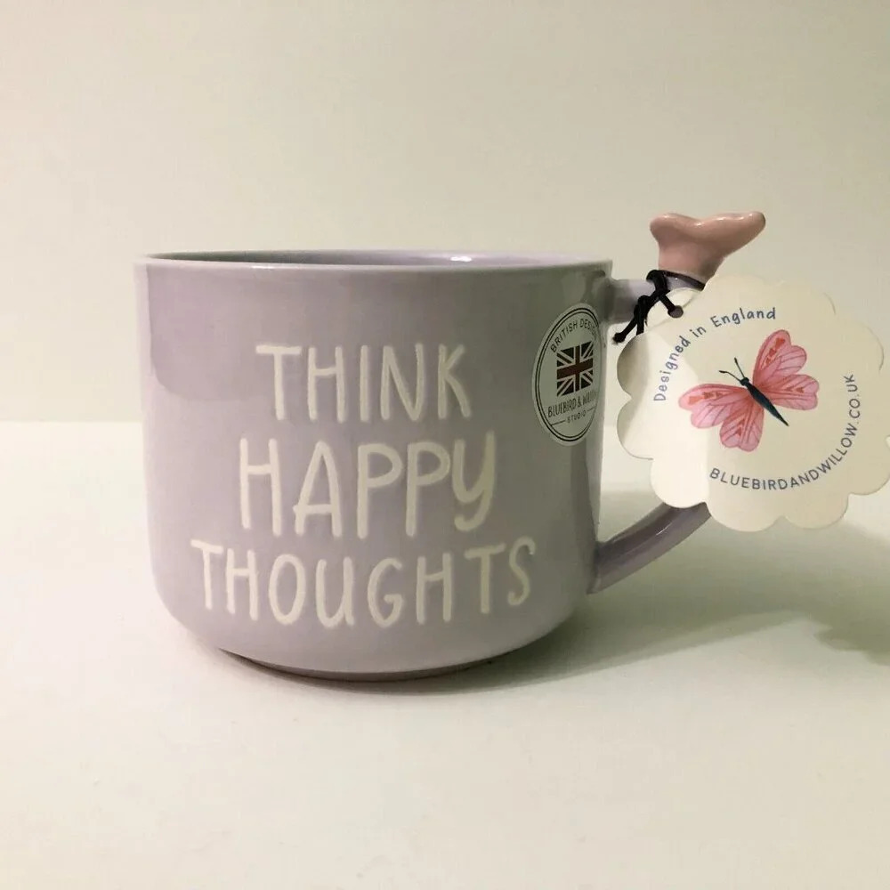 Bluebird and Willow Butterfly Coffee Tea  Mug Think Happy Thoughts Cup